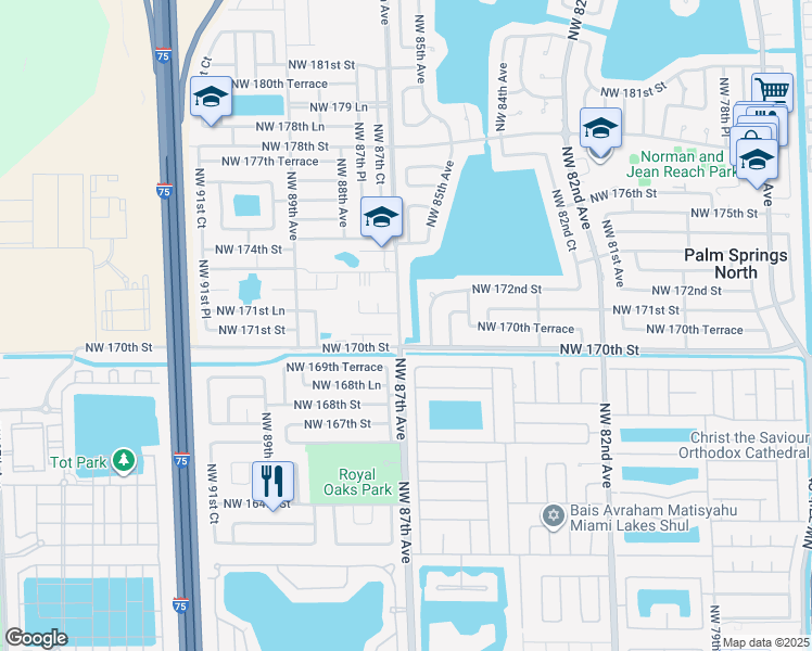 map of restaurants, bars, coffee shops, grocery stores, and more near 17115 Northwest 87th Avenue in Hialeah