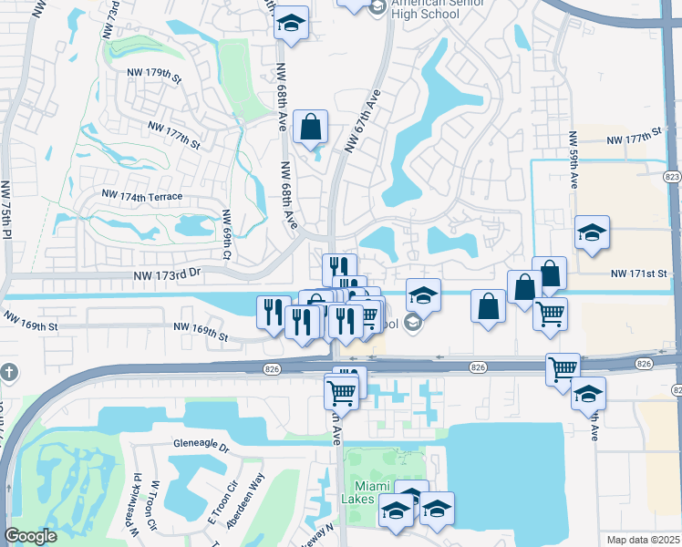map of restaurants, bars, coffee shops, grocery stores, and more near 17037 Northwest 66th Court in Hialeah