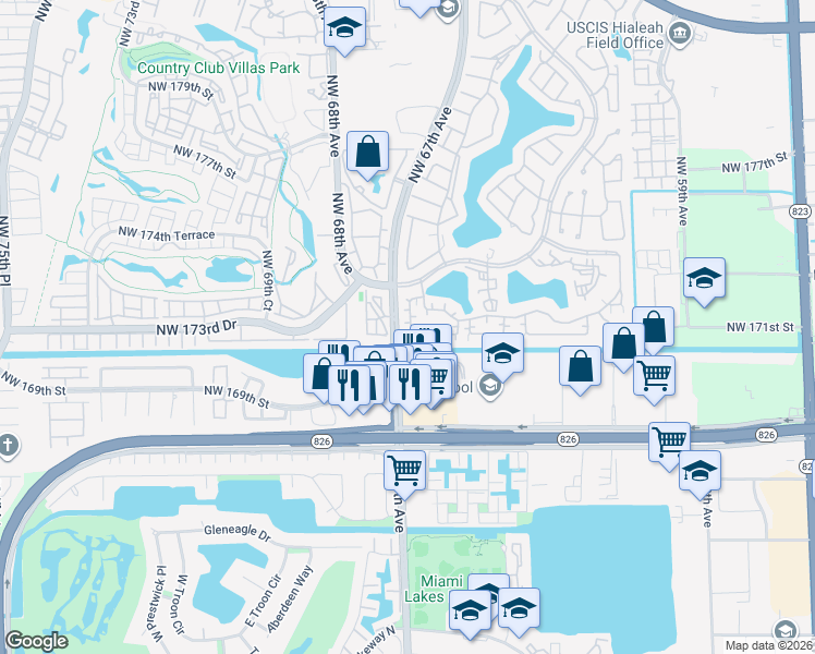 map of restaurants, bars, coffee shops, grocery stores, and more near 17037 Northwest 66th Court in Hialeah