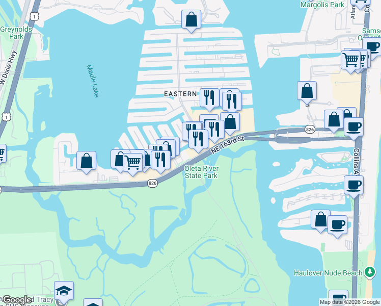 map of restaurants, bars, coffee shops, grocery stores, and more near 3435 Northeast 163rd Street in North Miami Beach