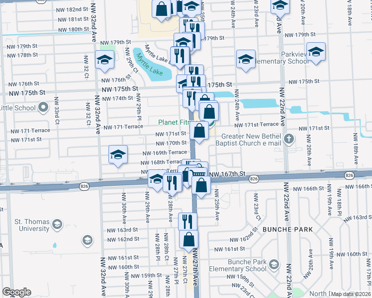 map of restaurants, bars, coffee shops, grocery stores, and more near 2730 Northwest 170th Street in Miami Gardens