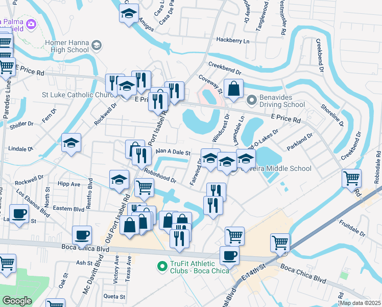 map of restaurants, bars, coffee shops, grocery stores, and more near 550 Sir Richard Drive in Brownsville