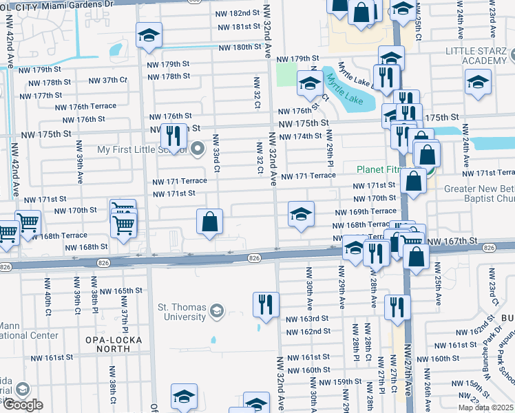 map of restaurants, bars, coffee shops, grocery stores, and more near 3240 Northwest 170th Street in Miami Gardens