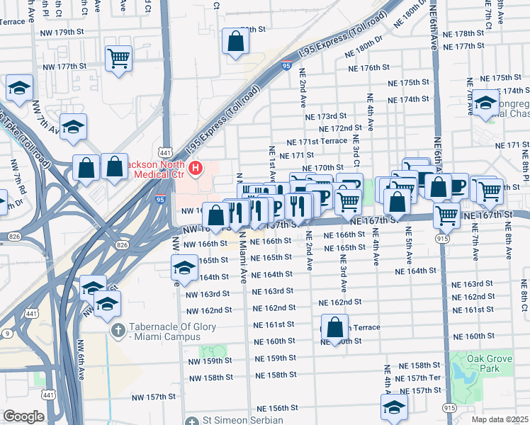 map of restaurants, bars, coffee shops, grocery stores, and more near 68 Northeast 168th Street in North Miami Beach