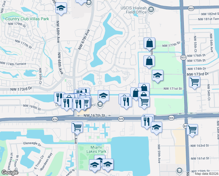 map of restaurants, bars, coffee shops, grocery stores, and more near 6316 Northwest 170th Lane in Hialeah