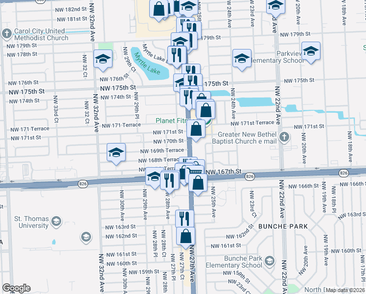 map of restaurants, bars, coffee shops, grocery stores, and more near 2730 Northwest 170th Street in Miami Gardens