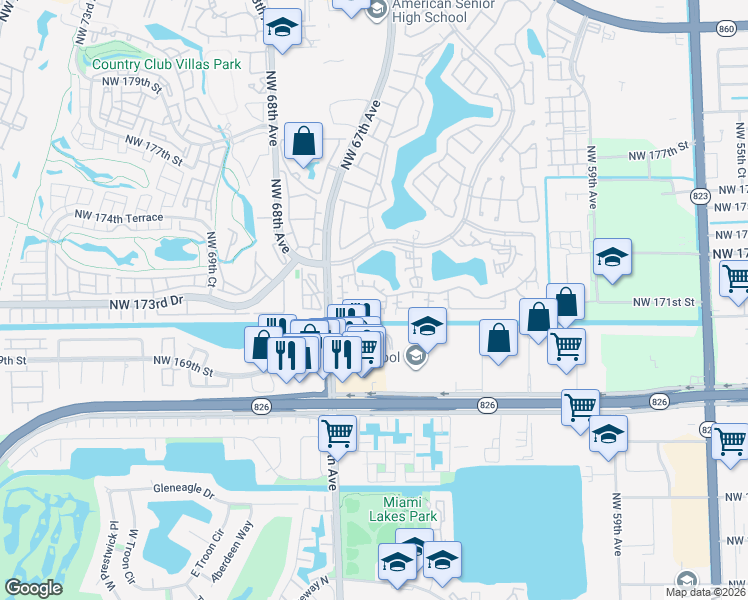 map of restaurants, bars, coffee shops, grocery stores, and more near 6425 Northwest 171st Street in Hialeah