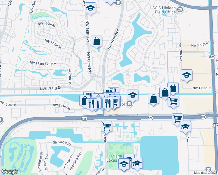 map of restaurants, bars, coffee shops, grocery stores, and more near 17037 Northwest 66th Court in Hialeah