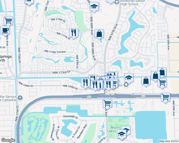 map of restaurants, bars, coffee shops, grocery stores, and more near 6841 Northwest 173rd Drive in Hialeah