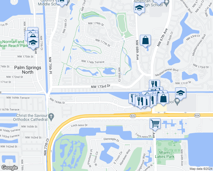 map of restaurants, bars, coffee shops, grocery stores, and more near 7045 Northwest 173rd Drive in Hialeah