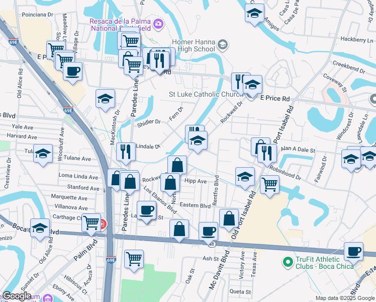 map of restaurants, bars, coffee shops, grocery stores, and more near 2587 Rockwell Drive in Brownsville