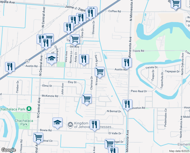 map of restaurants, bars, coffee shops, grocery stores, and more near 925 North Iowa Avenue in Brownsville
