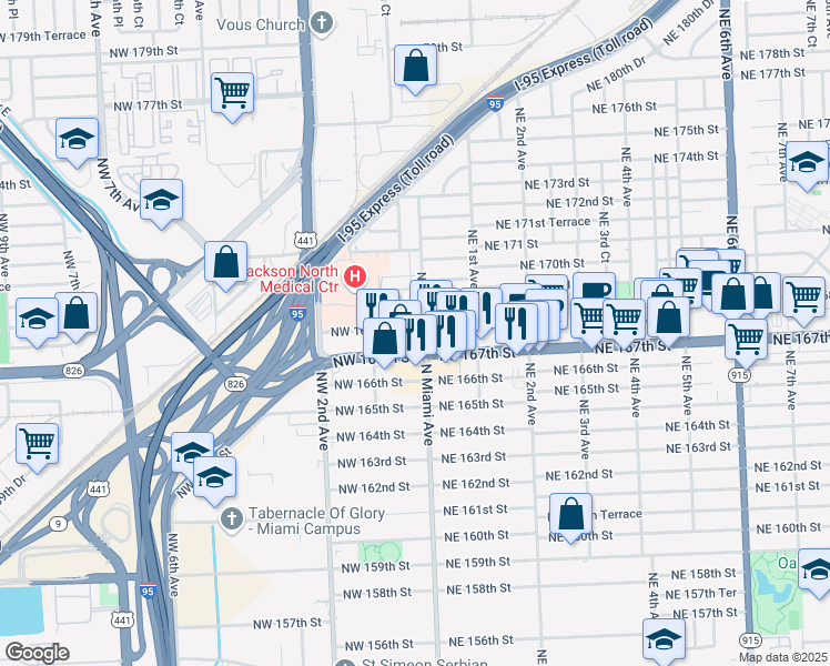 map of restaurants, bars, coffee shops, grocery stores, and more near 16798 North Miami Avenue in North Miami Beach