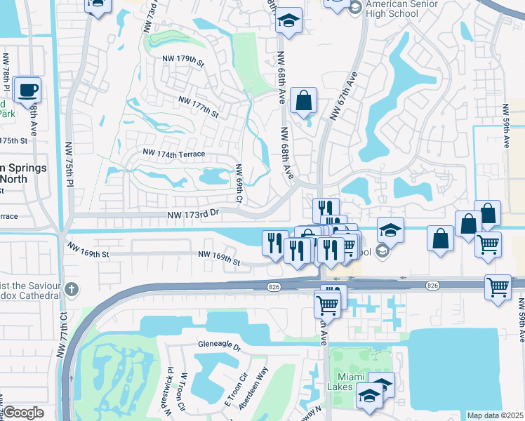 map of restaurants, bars, coffee shops, grocery stores, and more near 6841 Northwest 173rd Drive in Hialeah