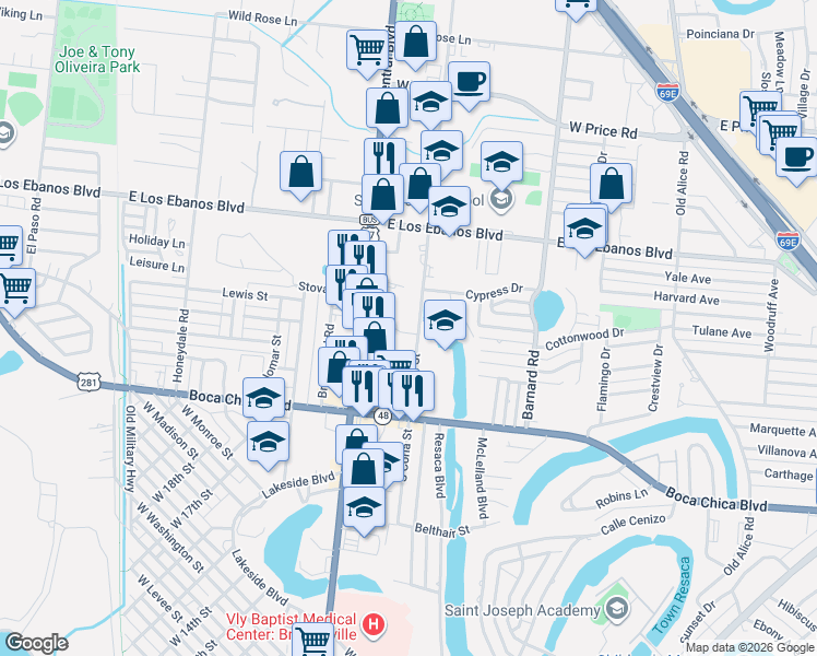 map of restaurants, bars, coffee shops, grocery stores, and more near 835 Hackberry Court in Brownsville