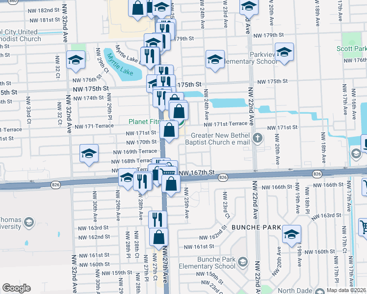 map of restaurants, bars, coffee shops, grocery stores, and more near 16922 Northwest 25th Avenue in Miami Gardens