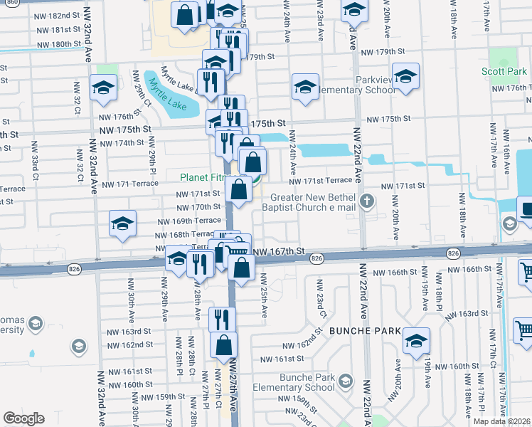 map of restaurants, bars, coffee shops, grocery stores, and more near 2472 Northwest 170th Street in Miami Gardens