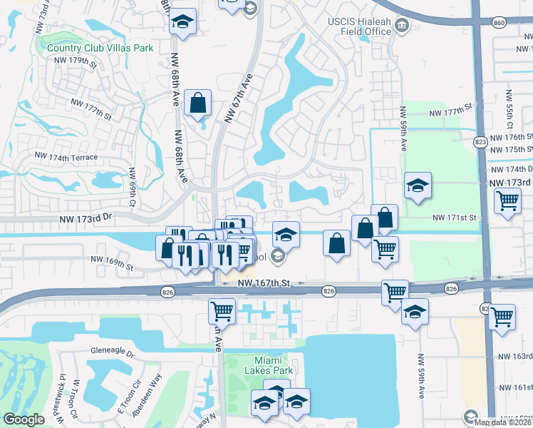 map of restaurants, bars, coffee shops, grocery stores, and more near 6425 Northwest 171st Street in Hialeah