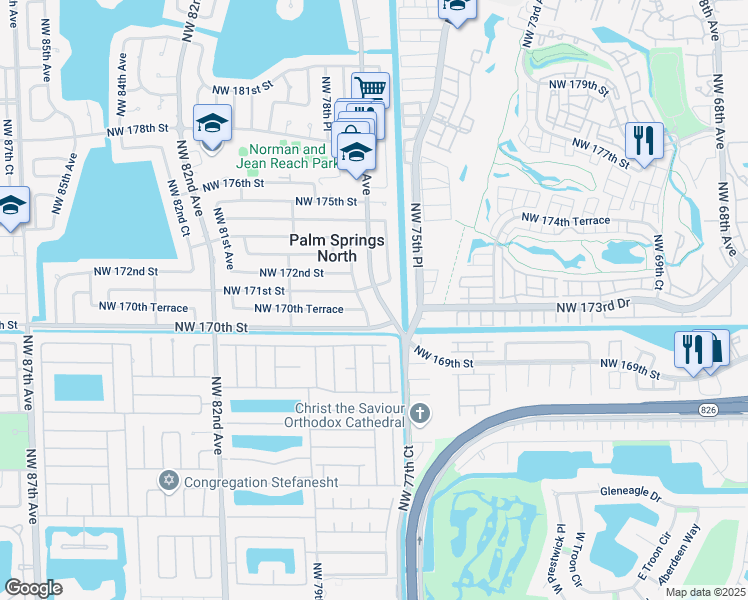 map of restaurants, bars, coffee shops, grocery stores, and more near 17045 Northwest 78th Avenue in Hialeah