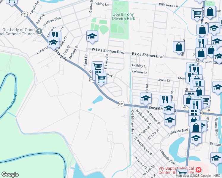 map of restaurants, bars, coffee shops, grocery stores, and more near 35 Calle Monarca in Brownsville