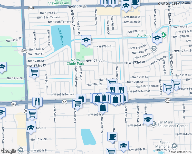 map of restaurants, bars, coffee shops, grocery stores, and more near 17115 Northwest 49th Court in Opa-locka