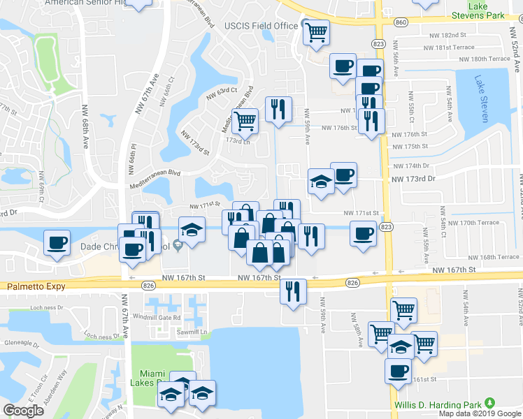 map of restaurants, bars, coffee shops, grocery stores, and more near 17084 Northwest 60th Court in Hialeah