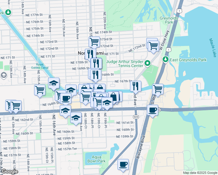 map of restaurants, bars, coffee shops, grocery stores, and more near 16651 Northeast 20th Avenue in North Miami Beach