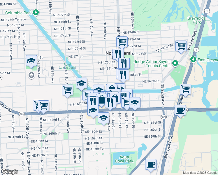 map of restaurants, bars, coffee shops, grocery stores, and more near 16651 Northeast 18th Avenue in North Miami Beach