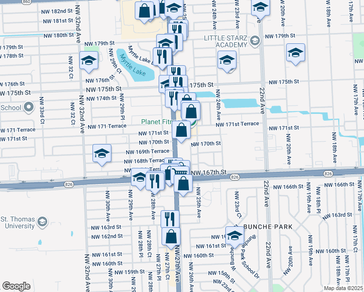 map of restaurants, bars, coffee shops, grocery stores, and more near 17021 Northwest 27th Avenue in Miami Gardens