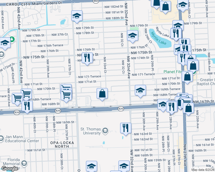 map of restaurants, bars, coffee shops, grocery stores, and more near 17001 Northwest 33rd Court in Miami Gardens