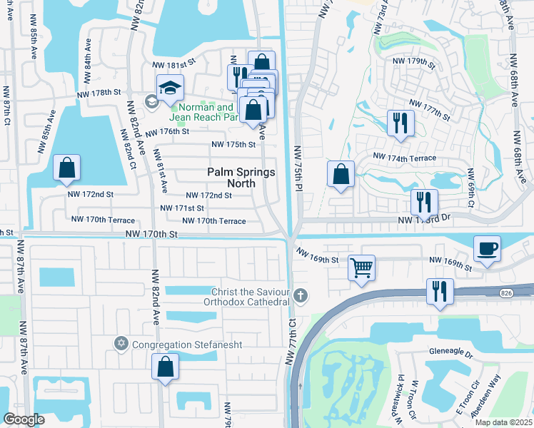 map of restaurants, bars, coffee shops, grocery stores, and more near 17045 Northwest 78th Avenue in Hialeah