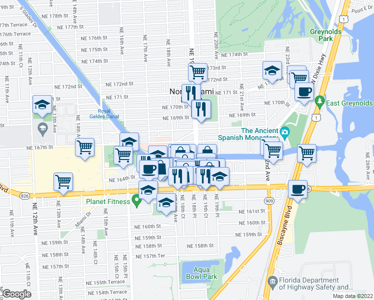 map of restaurants, bars, coffee shops, grocery stores, and more near 1861 North Glades Drive in North Miami Beach