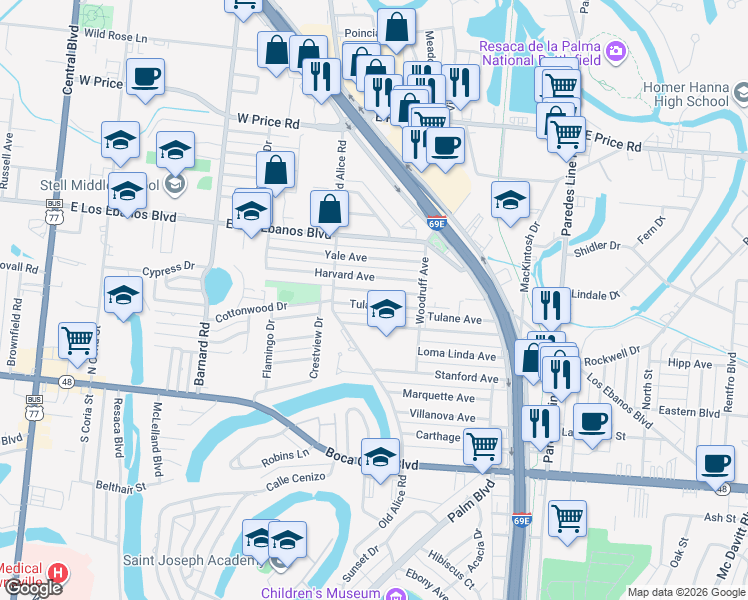 map of restaurants, bars, coffee shops, grocery stores, and more near 1631 Tulane Avenue in Brownsville