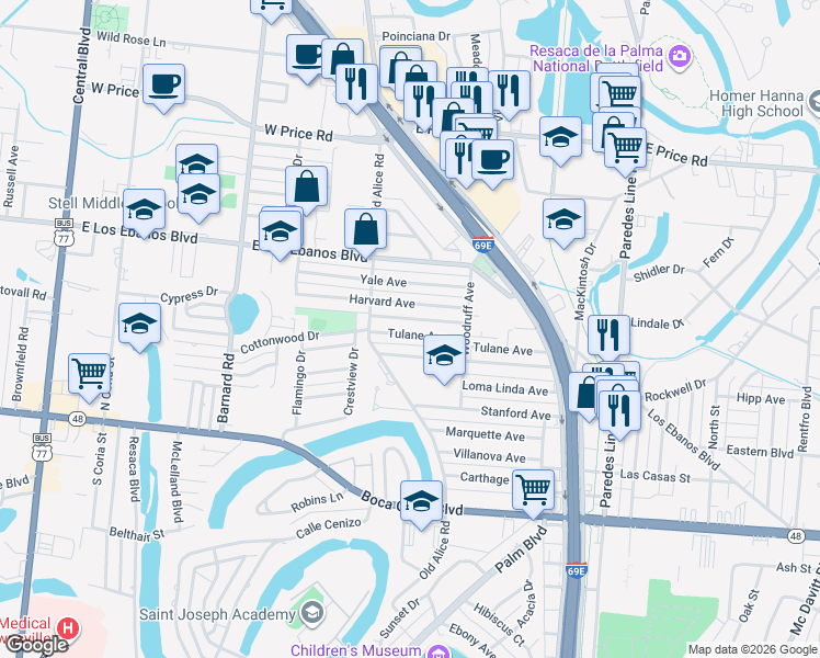map of restaurants, bars, coffee shops, grocery stores, and more near 1631 Tulane Avenue in Brownsville