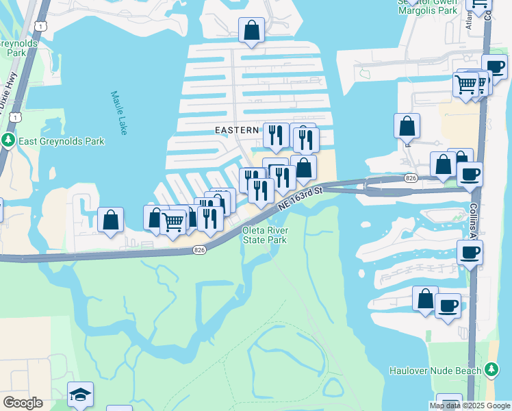 map of restaurants, bars, coffee shops, grocery stores, and more near 3435 Northeast 163rd Street in North Miami Beach