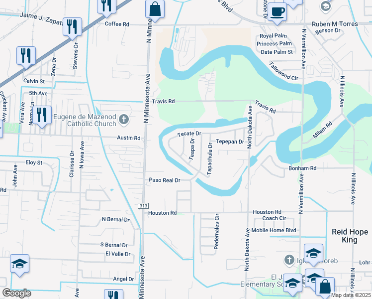 map of restaurants, bars, coffee shops, grocery stores, and more near 5724 Tecuan Drive in Brownsville