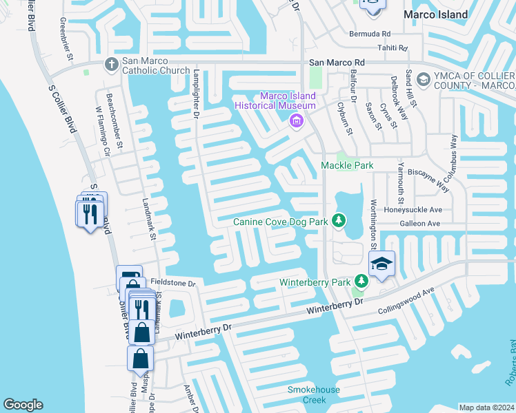 map of restaurants, bars, coffee shops, grocery stores, and more near 1167 Breakwater Court in Marco Island