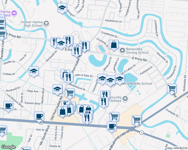 map of restaurants, bars, coffee shops, grocery stores, and more near 550-598 Sir Richard Drive in Brownsville
