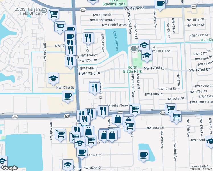 map of restaurants, bars, coffee shops, grocery stores, and more near 5380 Northwest 172nd Street in Miami Gardens