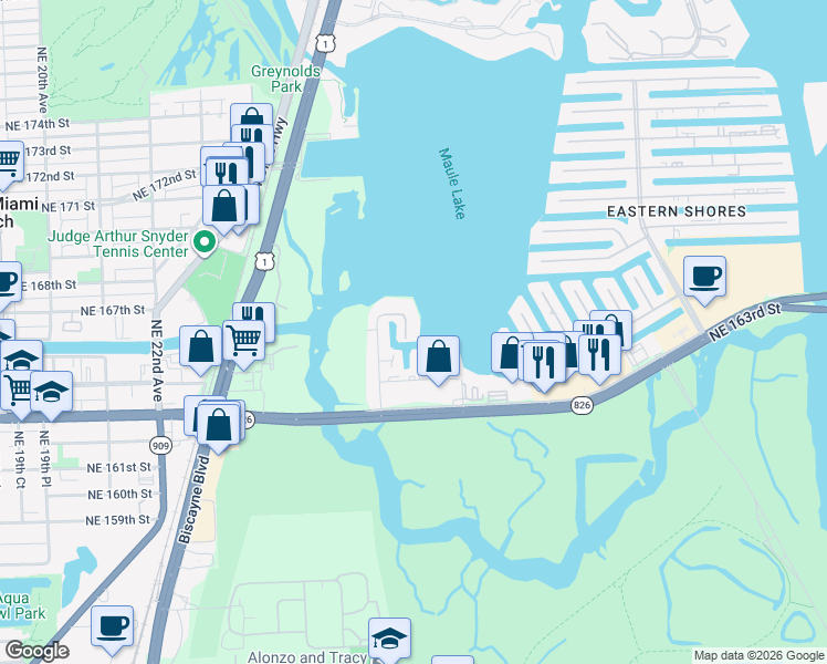 map of restaurants, bars, coffee shops, grocery stores, and more near 3752 Northeast 26th Avenue in North Miami Beach