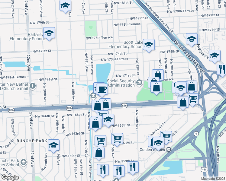 map of restaurants, bars, coffee shops, grocery stores, and more near 16841 Northwest 14th Avenue in Miami