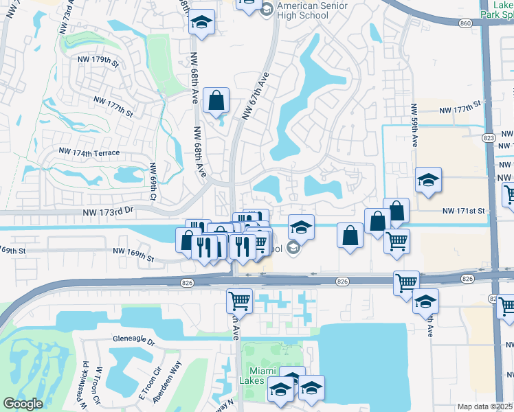 map of restaurants, bars, coffee shops, grocery stores, and more near 17037 Northwest 66th Court in Hialeah
