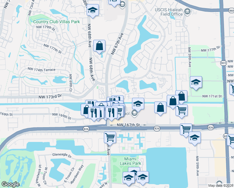 map of restaurants, bars, coffee shops, grocery stores, and more near 17037 Northwest 66th Court in Hialeah