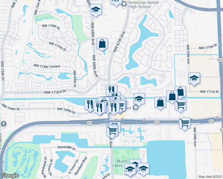 map of restaurants, bars, coffee shops, grocery stores, and more near 17330 Northwest 67th Avenue in Hialeah
