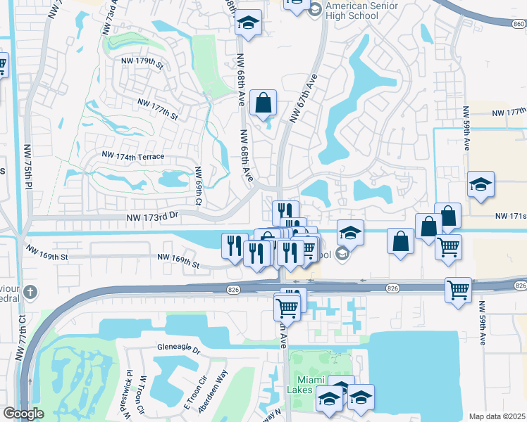 map of restaurants, bars, coffee shops, grocery stores, and more near 17330 Northwest 67th Avenue in Hialeah