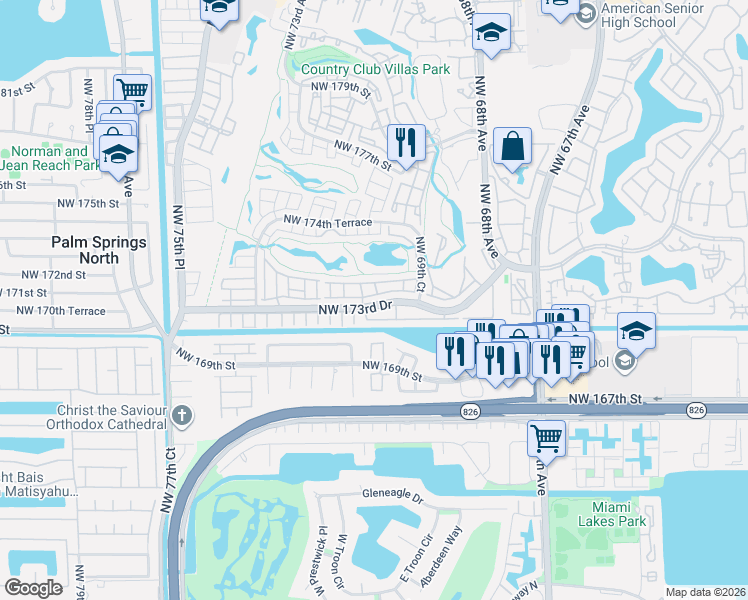 map of restaurants, bars, coffee shops, grocery stores, and more near 7045 Northwest 173rd Drive in Hialeah