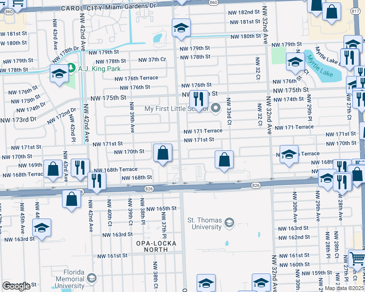 map of restaurants, bars, coffee shops, grocery stores, and more near 17011 Northwest 37th Avenue in Miami Gardens