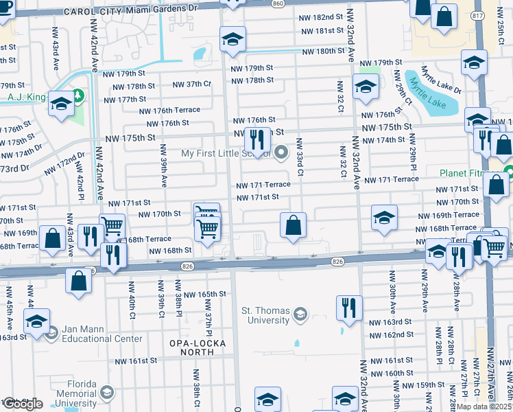 map of restaurants, bars, coffee shops, grocery stores, and more near 3511 Northwest 170th Street in Miami Gardens