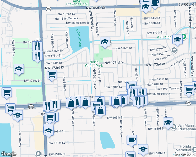 map of restaurants, bars, coffee shops, grocery stores, and more near 17120 Northwest 51st Place in Miami Gardens