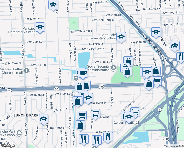 map of restaurants, bars, coffee shops, grocery stores, and more near 16841 Northwest 14th Avenue in Miami